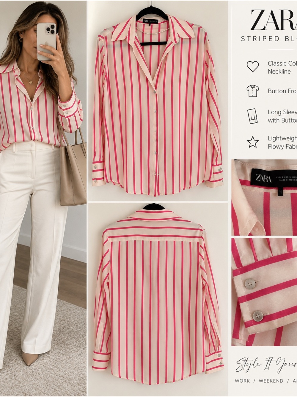 ZARA Pink and Cream Vertical-Stripe Button-Up Blouse